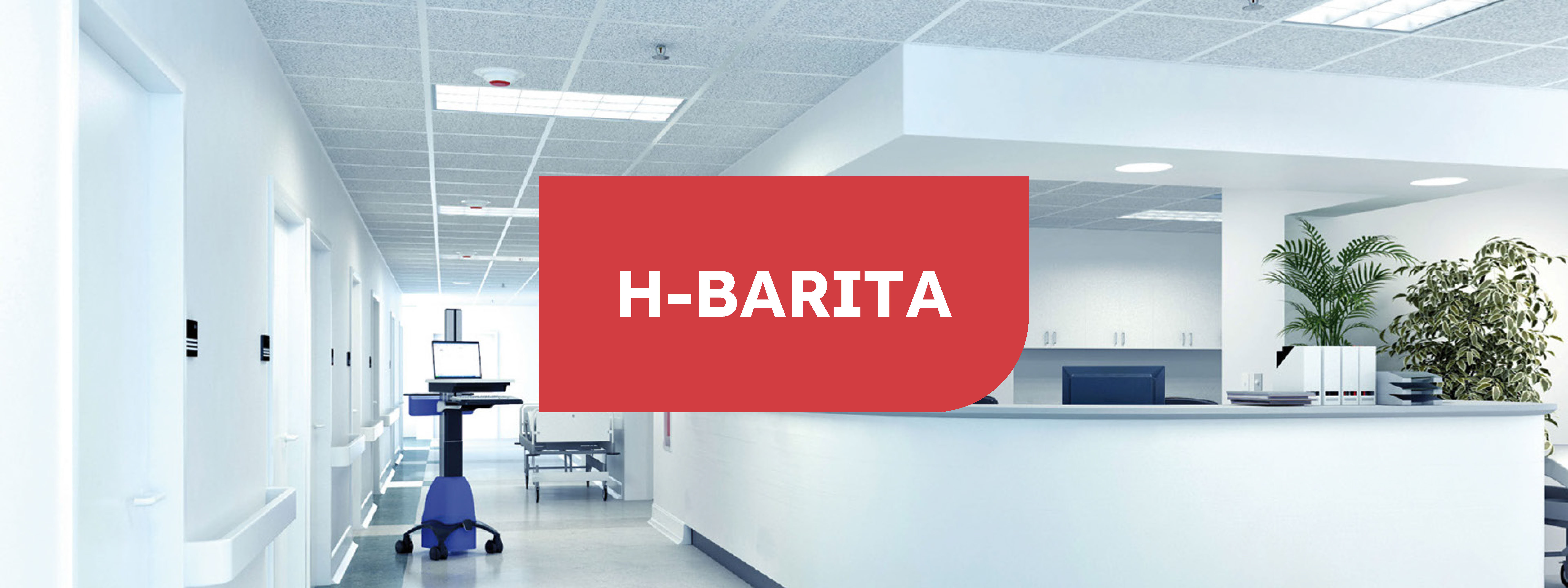 Recepción de un hospital con paredes, puertas y mobiliario en blanco y decoración de plantas en verde