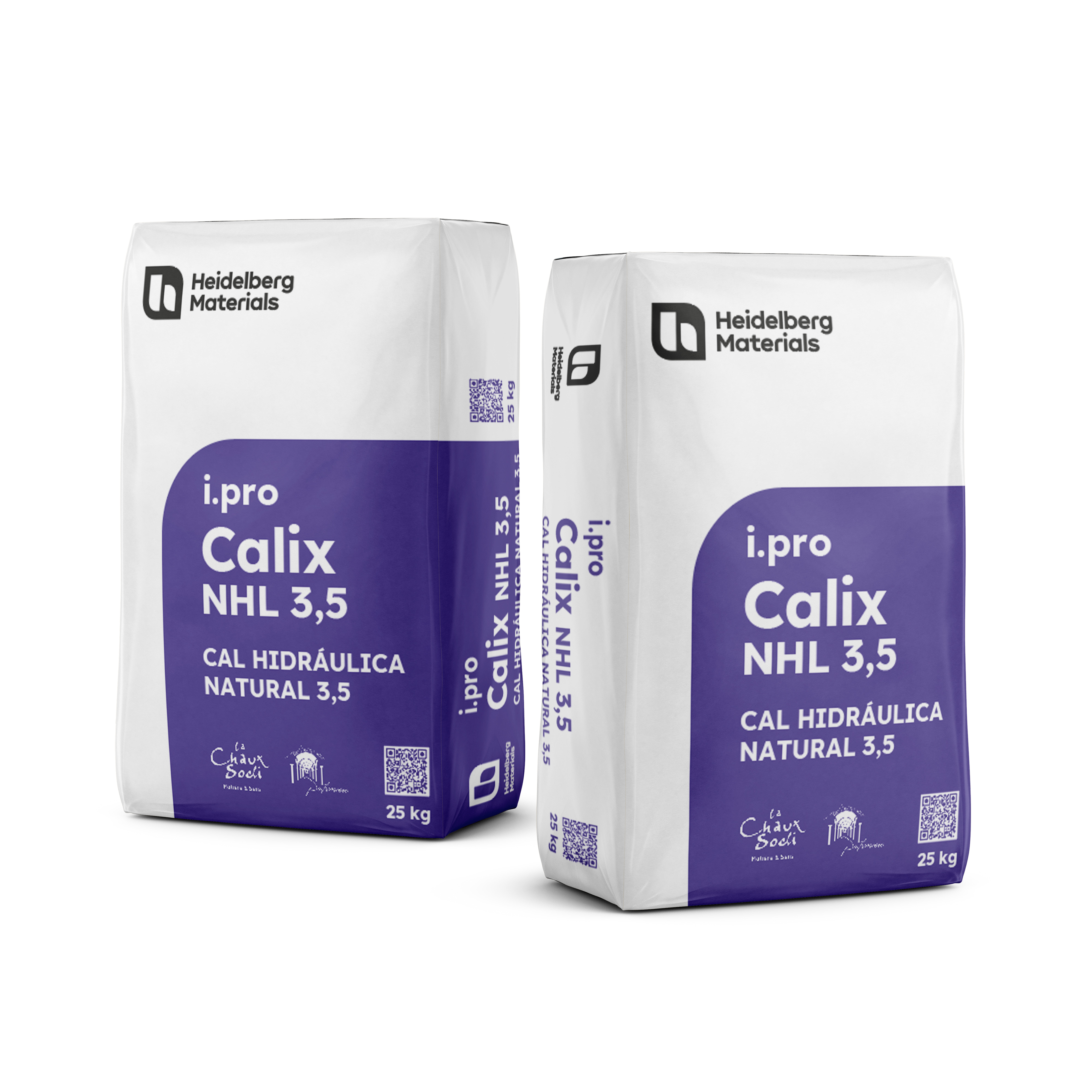 Dos sacos de cal hidráulica natural i.pro Calix NHL 3,5 de 25 kg cada uno. Los sacos son blancos con detalles en morado, mostrando el logotipo de Heidelberg Materials en la esquina superior izquierda y textos sobre las especificaciones del producto. Uno está posicionado ligeramente detrás del otro.