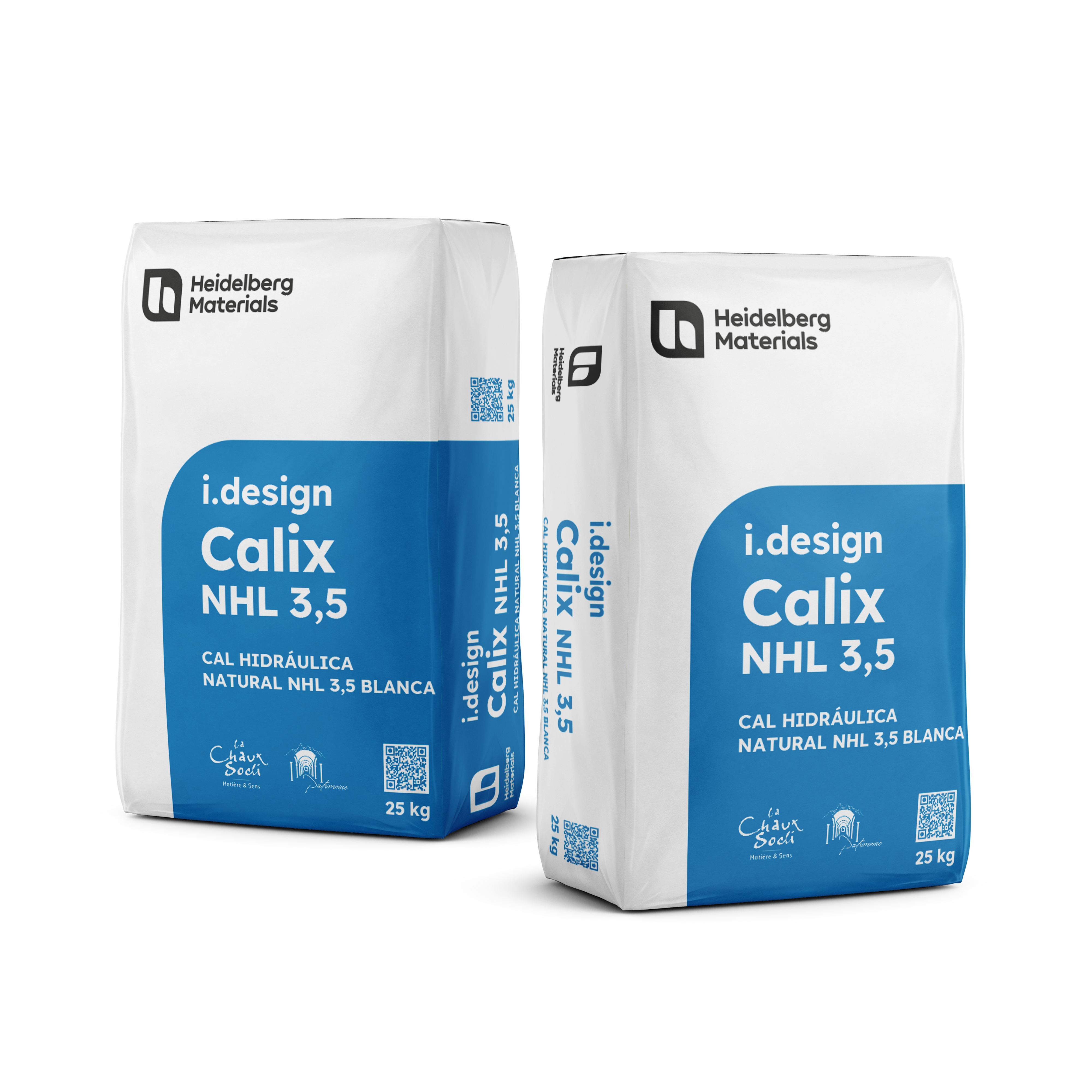 Dos bolsas de cal hidráulica natural NHL 3,5 de la marca Heidelberg Materials, con diseño en color blanco y azul, colocadas una frente a la otra en ángulo. La bolsa frontal muestra el logotipo de Heidelberg Materials y textos sobre las especificaciones del producto.