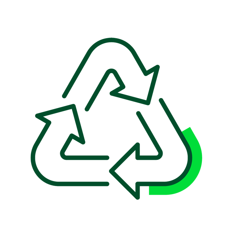 Ícono del símbolo de reciclaje en color verde, compuesto por tres flechas formando un triángulo. Una sección de la flecha inferior derecha está resaltada en un tono verde más claro.