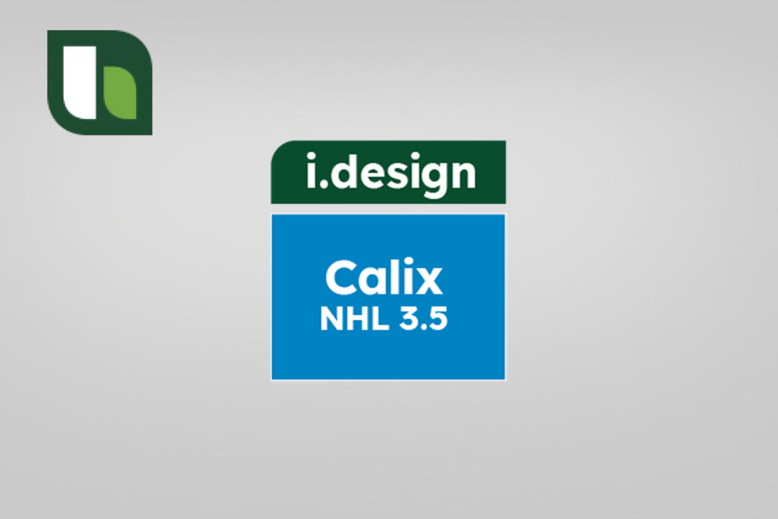 Logotipo de Heidelberg Materials junto al nombre del producto i.design Calix NHL 3.5 en un fondo gris.