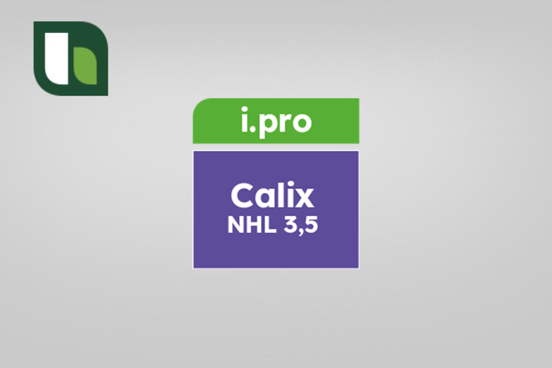 Logo de Heidelberg Materials junto al nombre del producto i.pro Calix NHL 3,5 sobre un fondo gris claro.