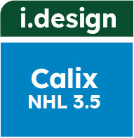Logo del producto Calix NHL 3.5 con diseño en colores verde y azul sobre un fondo blanco.