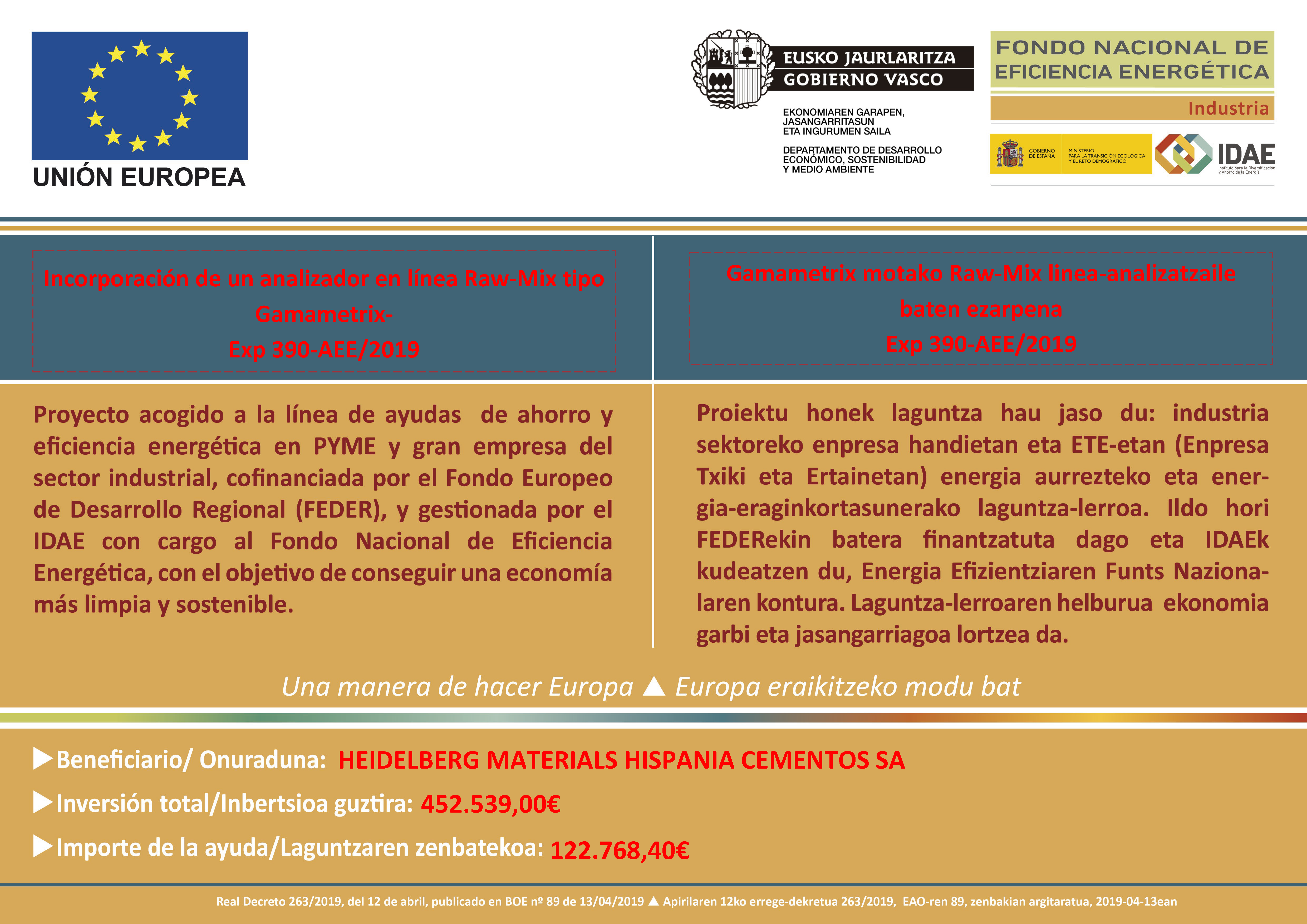Infografía sobre proyectos financiados de eficiencia energética en Heidelberg Materials, destacando la incorporación de un enfriador en línea y la generación de energía con biomasa.