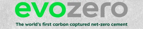 Logotipo de "evozero" con texto en verde y gris sobre fondo gris claro, acompañado del lema: "The world’s first carbon captured net-zero cement" en letras negras.
