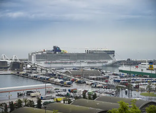 Dique Este del puerto con trasatlantico al fondo.